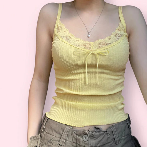 Load image into Gallery viewer, Y2K Yellow Strap Lace Trim Slim Summer Camis Top Tie-Up Kawaii Mini Cropped Top Female Korean Style Solid 2000s Girls
