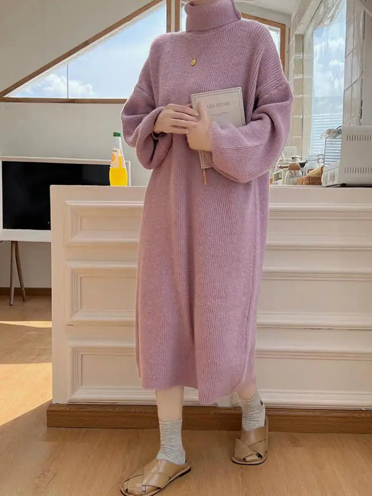 Fall Winter Knit Rib Wrap Midi Pencil Dress For Women Casual Simple Style Long Sleeve Turtleneck Sweater Dresses For Women 2023