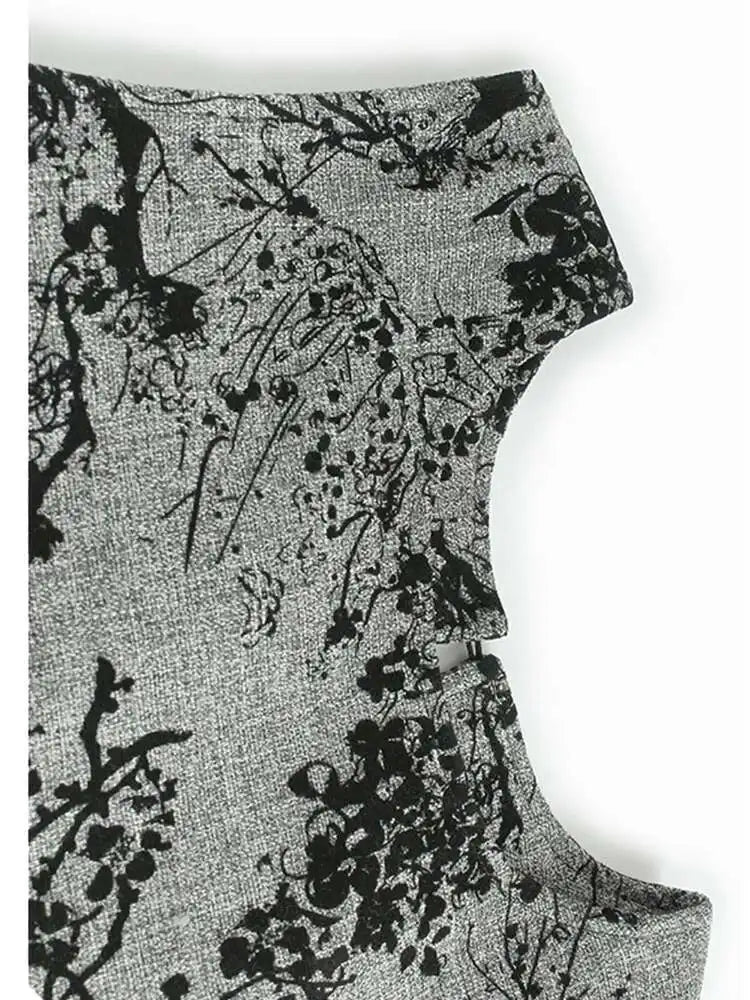 Women Gray Printed Vintage Hem Pleated Big Size Vest Dress New Round Neck Sleeveless Fashion Spring Autumn 2025 1DH9454