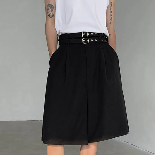 Load image into Gallery viewer, Summer Men&#39;s Five-point Shorts Casual Straight Double Belt Design High-waisted Black Male Clothing Wide Leg 9C5517
