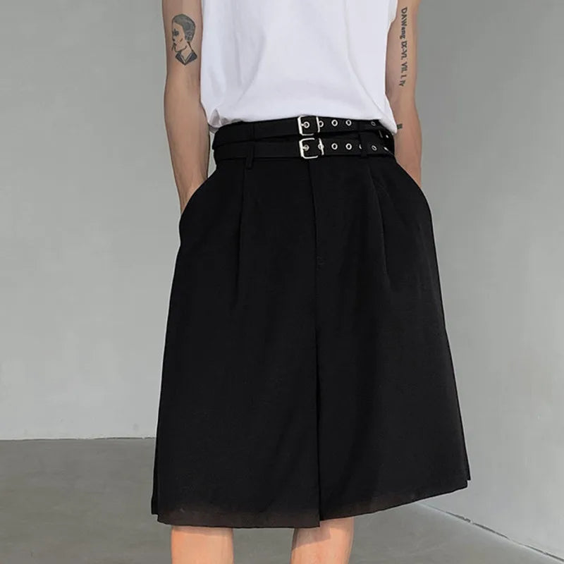 Summer Men's Five-point Shorts Casual Straight Double Belt Design High-waisted Black Male Clothing Wide Leg 9C5517