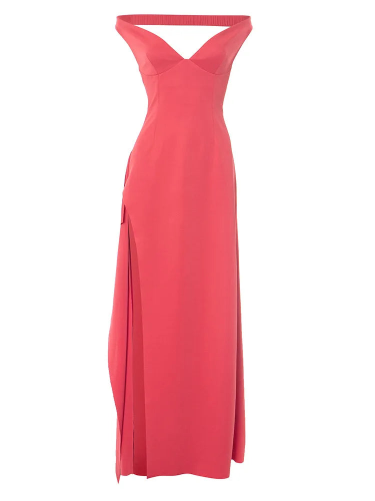 Off-shoulder Backless Split Sexy Maxi Dress Women Gown Pink Summer New Zipper Strapless Evening Club Party Long Dress