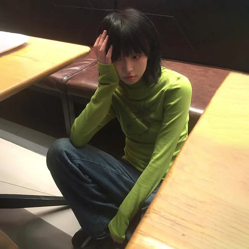 Load image into Gallery viewer, Japanese Y2k Hooded T-shirt Grunge Aesthetics Green Long Sleeve Tee Shirt Vintage Harajuku Hooded Tops 2000s Streetwear
