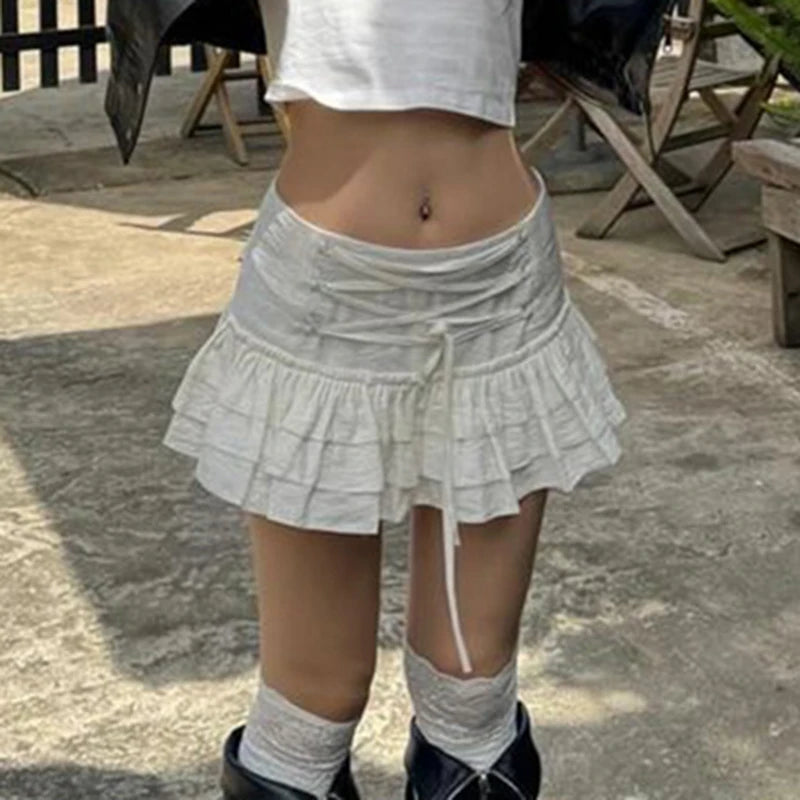 Cottagecore Sweet Mini Skirt Girls Japanese Y2K Ruched Korean Fashion A-Line Women's Skirts Hottie Three-Layers Short
