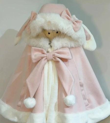 Y2k Aesthetic Cloak Jacket Women Japanese Lolita Fur Patchwork Rabbir Ear Hooed Coat Kawaii Sweet Bow Jackets Oversized JK Capes