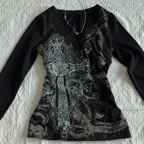 Load image into Gallery viewer, Y2k Aesthetic Vintage Printing Shirts Streetwear Tie-dye Black Loose Tshirts Harajuku Autumn Women Punk Diamond Grunge T-shirt
