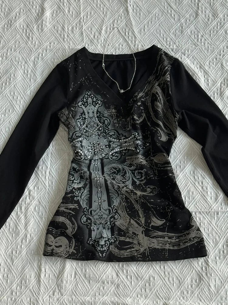 Y2k Aesthetic Vintage Printing Shirts Streetwear Tie-dye Black Loose Tshirts Harajuku Autumn Women Punk Diamond Grunge T-shirt