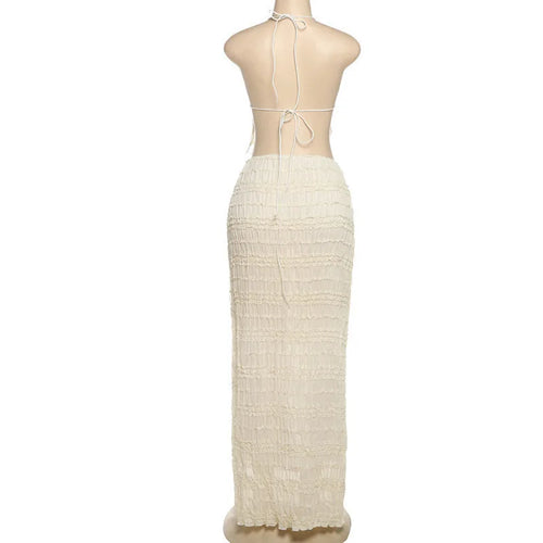 Load image into Gallery viewer, Chiffon Lace Sexy Skirt Two Piece Sets Women Halter Crop Tops And Maxi Skirt Ladies Fashion Woman Long Dress Set
