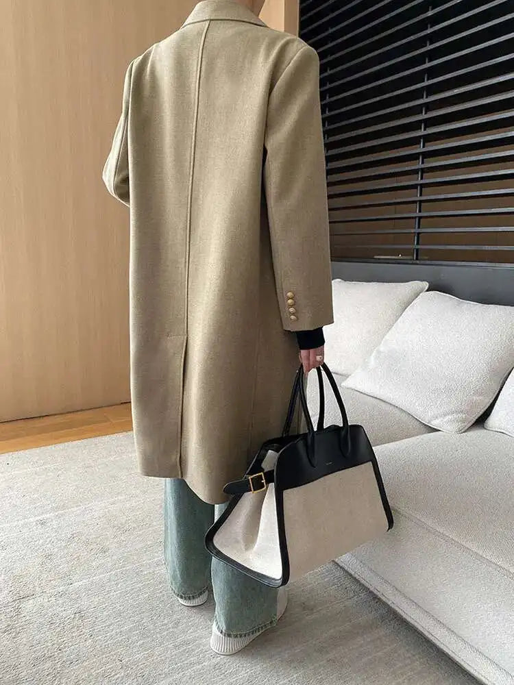 Women Khaki Irregular Spliced Long Big Size Blazer New Lapel Long Sleeve Jacket Fashion Tide Spring Autumn 2025  1DH6851