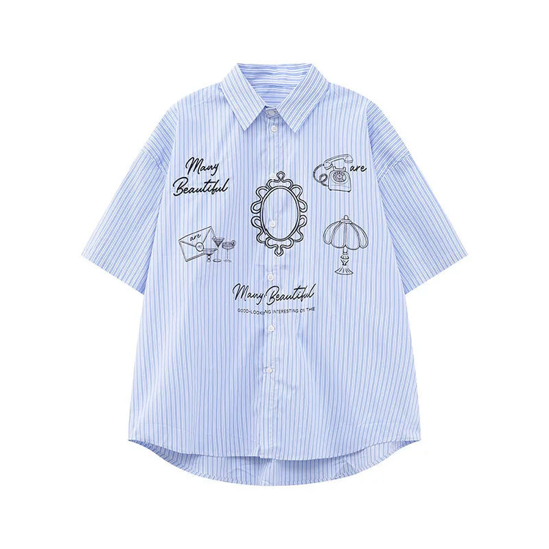 Men's Shirts Short Sleeve Design Korean Personalized Pattern Striped Turn-down Collar Stylish Male Loose Shirt 9W1594