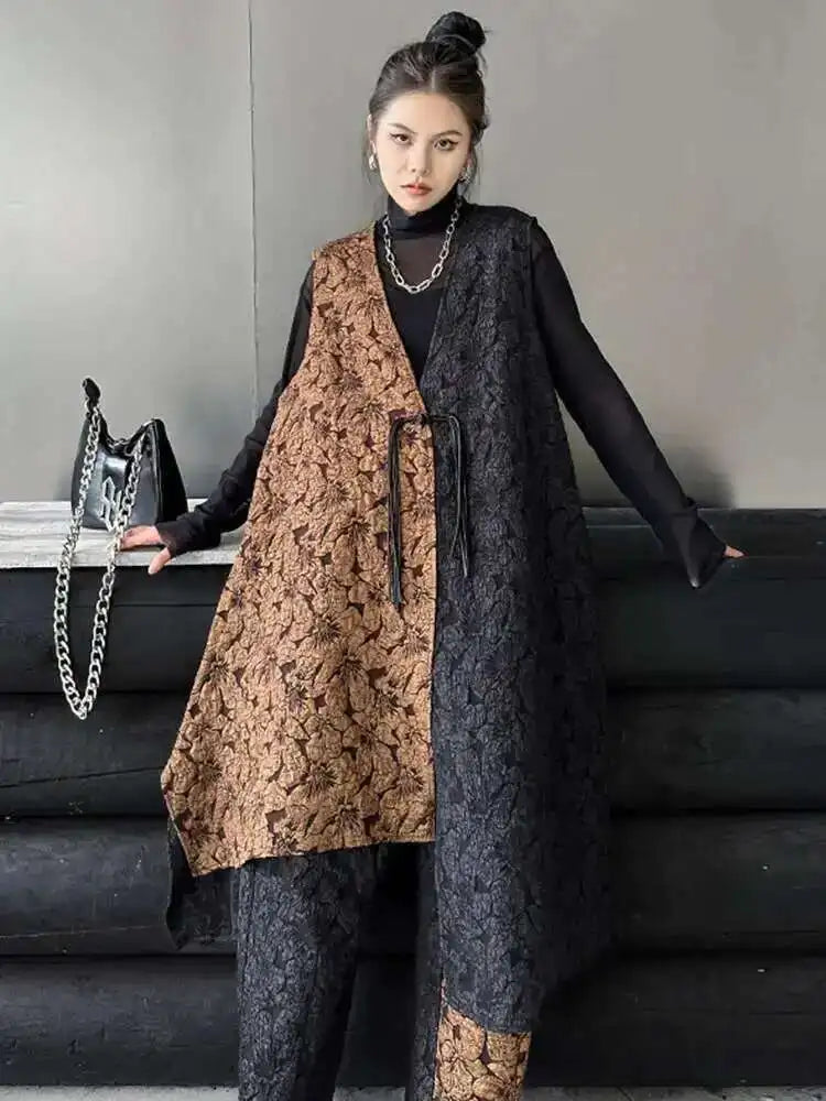 Coffee Big Size Vest Wide Leg Pants Two Piece Suit New V-Neck Sleeveless Women Fashion Tide Spring Autumn 2025 1DH4580