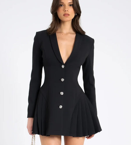 Autumn Black Blazer Mini Dress For Women Fashion V Neck Single-breasted Long Sleeve High Waist Pleated Sexy Dress