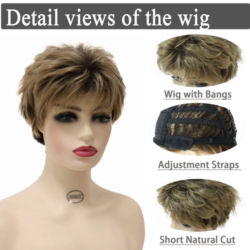 Load image into Gallery viewer, Synthetic Wigs for Women Natural Curly Short Hairstyles Pixie Cut Wig with Bangs Mixed Blonde Brown Ombre Curly Wigs
