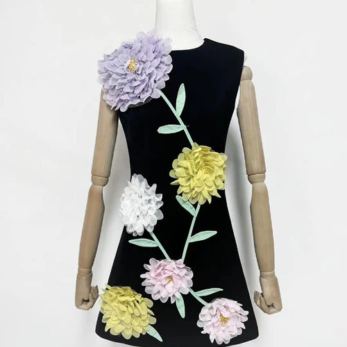 Load image into Gallery viewer, Hit Color Spliced 3D Flower Fashion Mini Dresses for Women Round Neck Sleeveless Elegant Dress Female Clothing New
