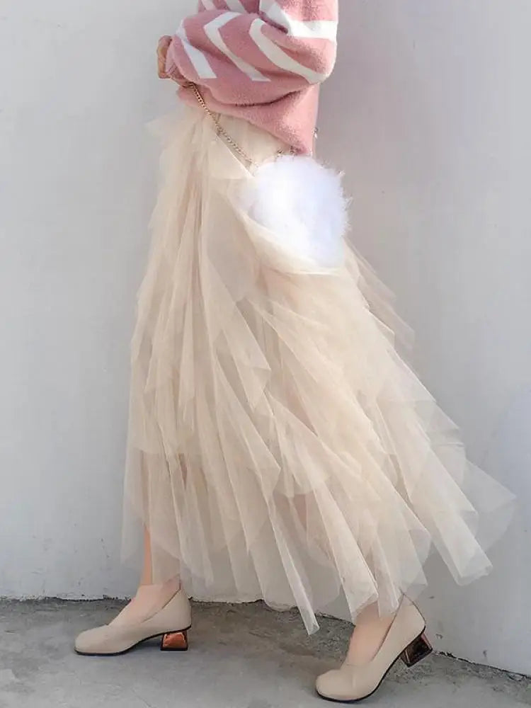 Spring Summer French Fashion Vintage Solid Mesh Slim Fairy Long Skirt Women High Waist Elegant Party Pleated A-line Skirt Simple