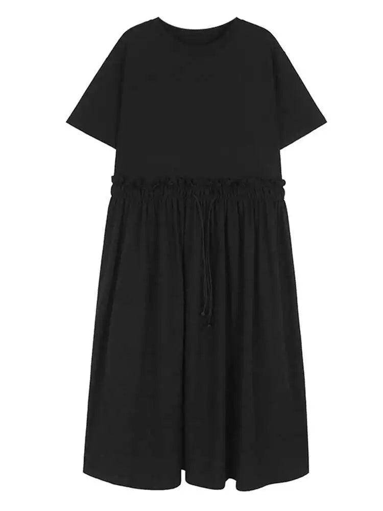 Women Black Pleated Drawstring Big Size Midi Dress New Round Neck Short Sleeve Fashion Tide Spring Summer 2025  1DH6181