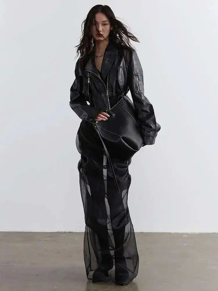 High Waist Black Pleated Mesh Irregular Long Elegant Half-body Skirt Women Fashion Tide New Spring Autumn 2025 1DH4715