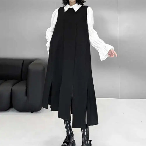 Load image into Gallery viewer, Women Black Irregular Ribbons Big Size Strap Dress New Round Neck Sleeveless Fashion Tide Spring Autumn 2025 1DH8059
