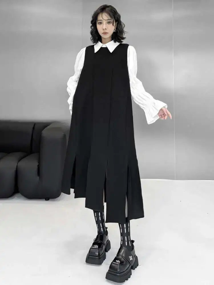 Women Black Irregular Ribbons Big Size Strap Dress New Round Neck Sleeveless Fashion Tide Spring Autumn 2025 1DH8059