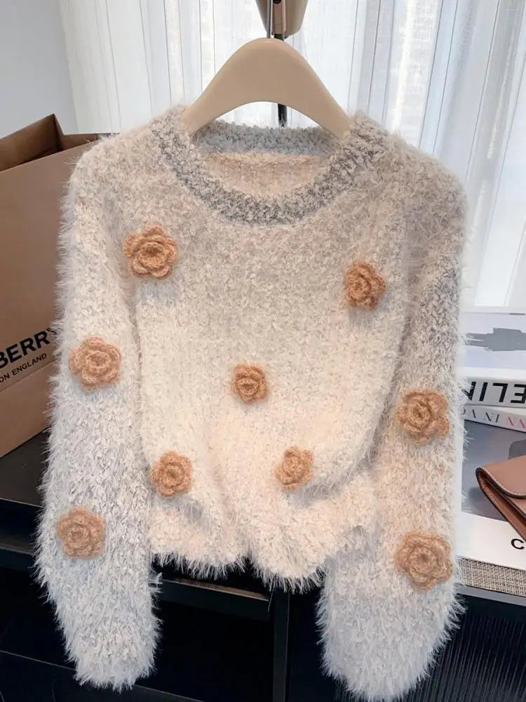 French Women Beige Flower Decorate Pullover Mink Sweater Purple Pink Long Sleeve Round Neck Elegant Knit Tops Autumn Winter Chic
