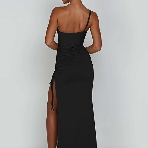 Load image into Gallery viewer, Drawstring High Slit Dress Women Sexy One Shoulder Slim Elastic Maxi Bodycon Party Pleated Vestidos Female Dresses
