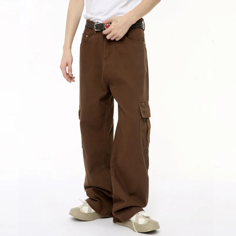 High Street Men's Denim Pants Casual Big Pockets Wide Leg Bottom Loose Straight Solid Color Male Jeans Summer 9C6430