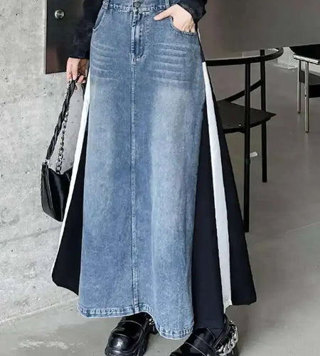 High Elastic Waist Blue Denim Color-block Midi A-line Half-body Skirt Women Fashion Tide New Spring Autumn 2025 1DH0646