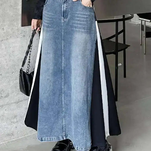 Load image into Gallery viewer, High Elastic Waist Blue Denim Color-block Midi A-line Half-body Skirt Women Fashion Tide New Spring Autumn 2025 1DH0646
