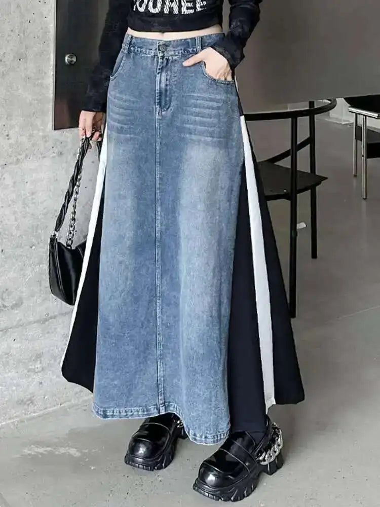 High Elastic Waist Blue Denim Color-block Midi A-line Half-body Skirt Women Fashion Tide New Spring Autumn 2025 1DH0646