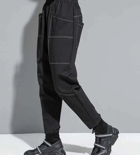 High Elastic Waist Black Pocket Topstitched Long Harem Pants New Trousers Women Fashion Tide Spring Autumn 2025 1DH7067
