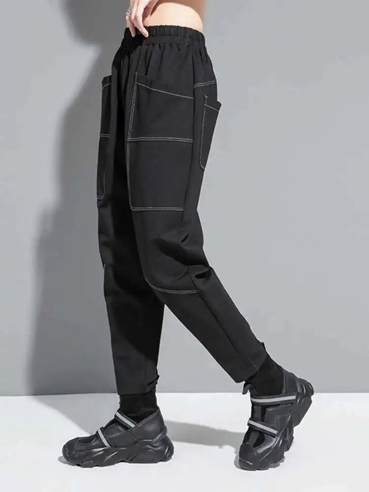 High Elastic Waist Black Pocket Topstitched Long Harem Pants New Trousers Women Fashion Tide Spring Autumn 2025 1DH7067