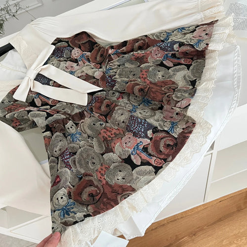 Load image into Gallery viewer, French Retro Women Fashion Beige Floral Patchwork Lace Mini Dress Autumn Winter Sweet Long Sleeved Ruffles Bow Short Dress Boho
