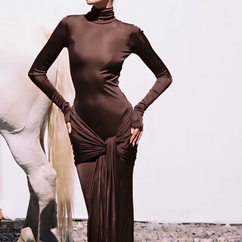 Load image into Gallery viewer, High Neck Long Sleeve Bodycon Dress For Women Tight Elastic Lace Up Maxi Long Dress Autumn 2023 New Party Club Vestidos
