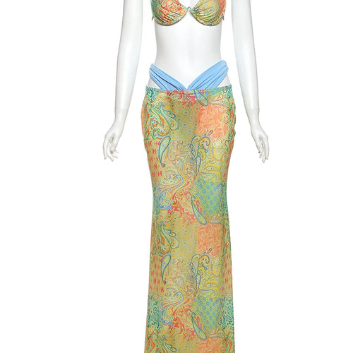 Load image into Gallery viewer, Summer Beach party 2 Piece Set Women Colorful Print Bra Tops+High-Waist Hollow Maxi Skirts Matching Midnight Clubwear
