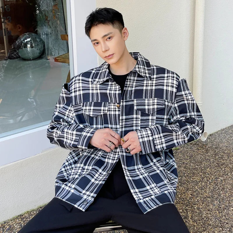 Trendy Off Shoulder Design Male Jacket Multi Pockets Niche Plaid Turn-down Collar Top 2025 Spring Fashion Tide 9W1278