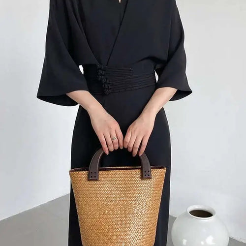 Load image into Gallery viewer, Women Black Buckle Long Elegant Dress New Round Neck Three-quarter Sleeve Loose Fit Fashion Spring Autumn 2025 1DE7880
