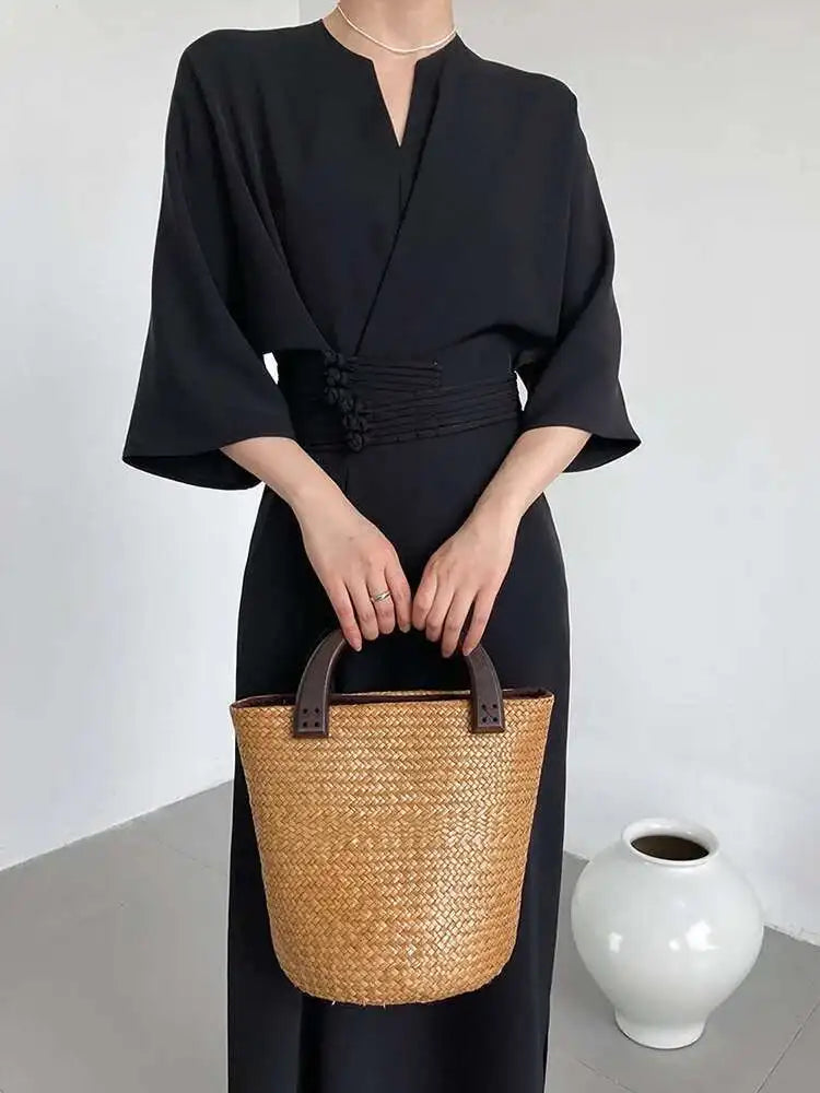 Women Black Buckle Long Elegant Dress New Round Neck Three-quarter Sleeve Loose Fit Fashion Spring Autumn 2025 1DE7880