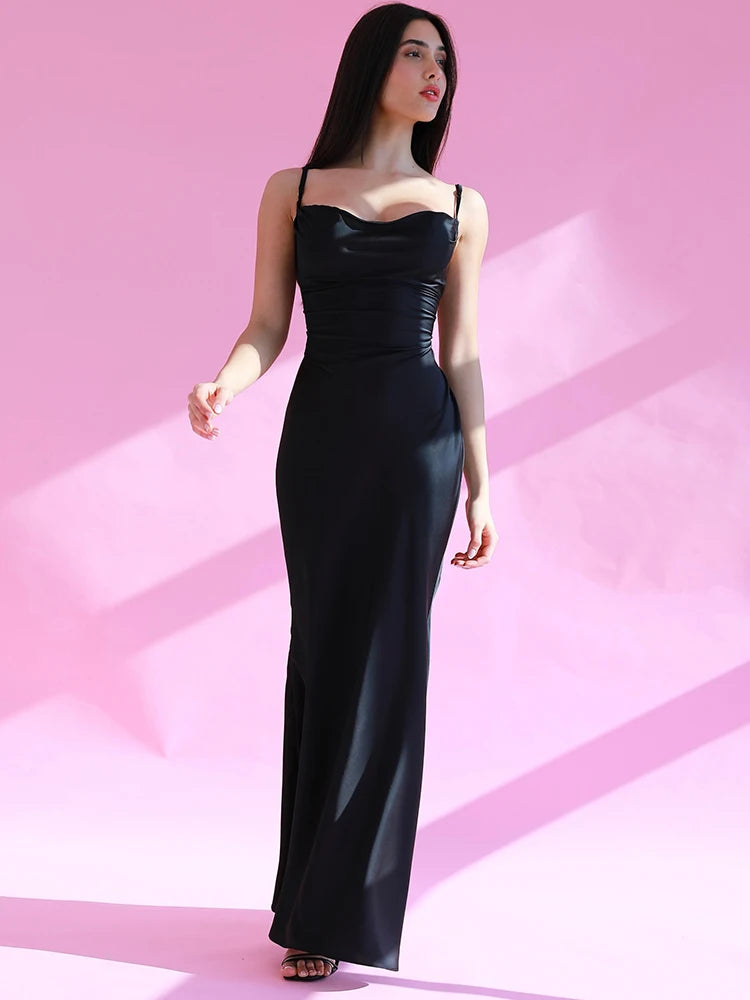 Elegant Satin Slips Backless Solid Bandage Sexy Slim Maxi Dress Spring Women Clothes Evening Party Birthday Festival