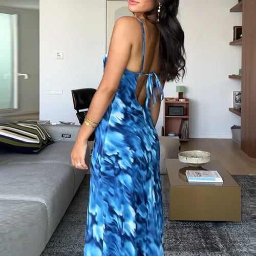 Load image into Gallery viewer, Halter Backless Print Sexy Maxi Dress For Women Gown Elegant Blue Printed Lace-up Sleeveless Evening Long Dress
