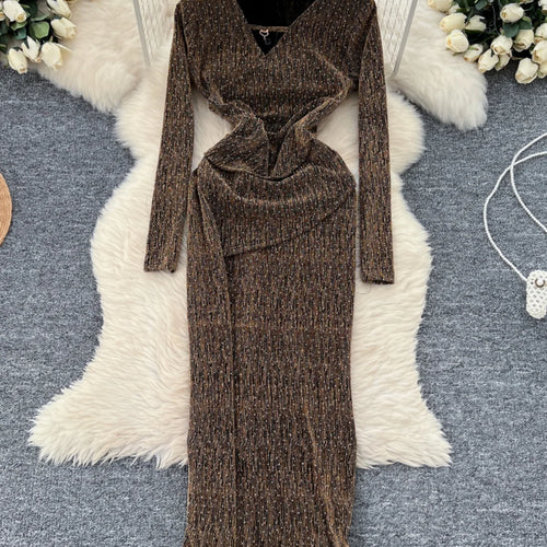 Load image into Gallery viewer, Autumn Women Fashion 2024 New Black Red Diamonds Elegant V Neck Long Sleeve Slim Evening Party Dress Gold Hollow Out Dress Robe
