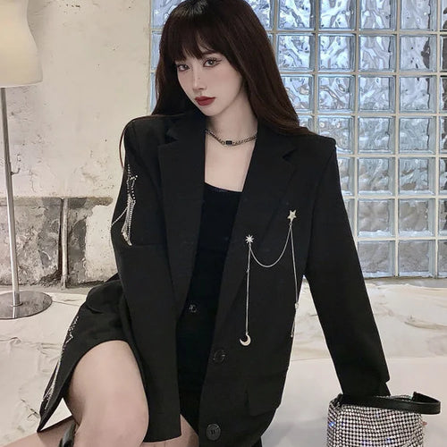 Load image into Gallery viewer, Harajuku Black Blazer Coat Women Chain Patchwork Star Rhinestones Punk Gothic Jackets Korean Fashion Streetwear Kurtka
