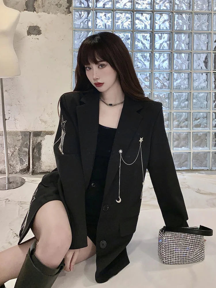 Harajuku Black Blazer Coat Women Chain Patchwork Star Rhinestones Punk Gothic Jackets Korean Fashion Streetwear Kurtka