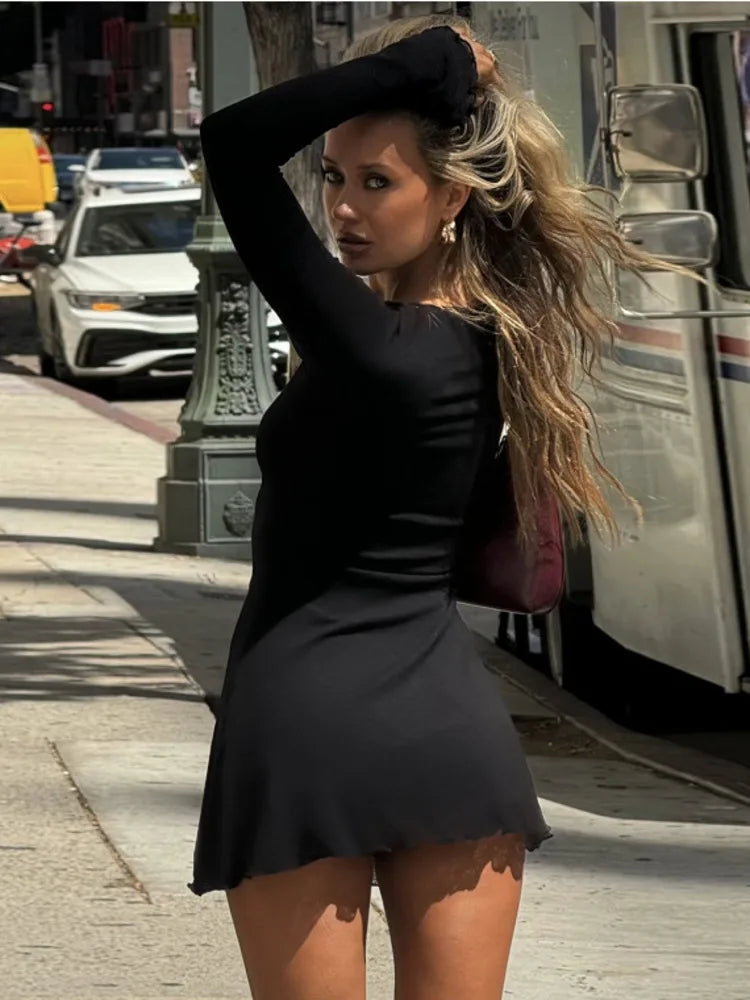 Hollow Out Long Sleeve Sexy Mini Dress For Women Robe Autumn New Black O Neck Club Party Sexy Dress Elegant Clubwear