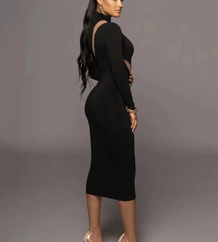 Autumn/Winter Long Sleeve Mesh Patchwork Dress Women's Perspective Bodycon Midi Dress Female Elegant Party Evening Dress