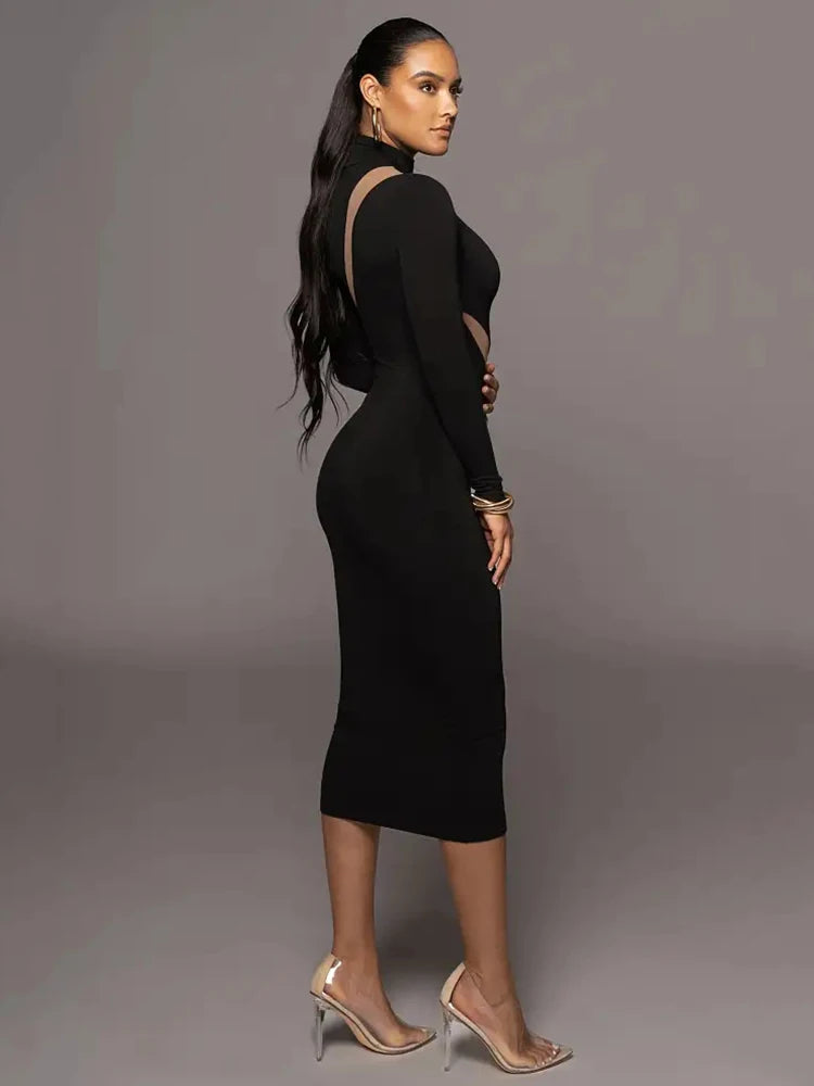 Autumn/Winter Long Sleeve Mesh Patchwork Dress Women's Perspective Bodycon Midi Dress Female Elegant Party Evening Dress