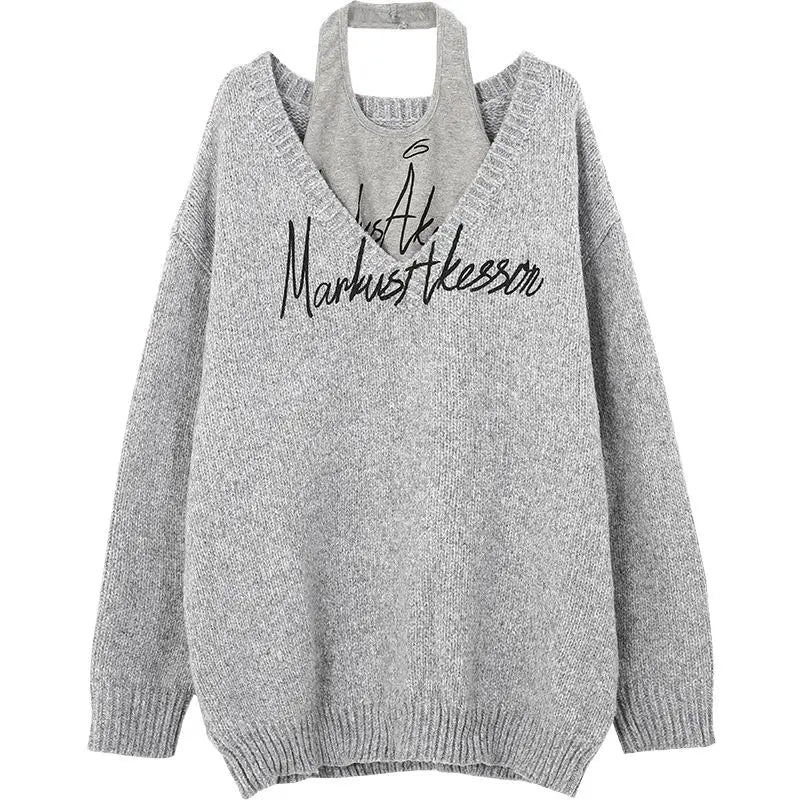 Sexy Korean Fashion Outfits 2025 Spring Autumn Two Pieces Set Women Loose Pullover + Halter Top Letter Print Sweater
