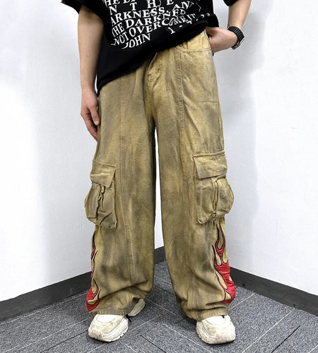 Men's Cargo Pants New American Style Tie Dye Dirty Flame Pattern Washed Straight Wide Leg Male Trousers Summer 9W1787