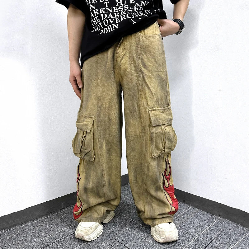 Men's Cargo Pants New American Style Tie Dye Dirty Flame Pattern Washed Straight Wide Leg Male Trousers Summer 9W1787