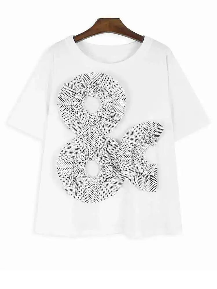 Women Black Dot  Ruffles Big Size Casual T-shirt New Round Neck Short  Sleeve Fashion Tide Spring Summer 2025 1DH5463