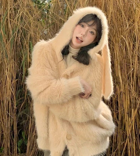 Harajuku Kawaii Fluffy Coat Y2k Aesthetic Fairy Grunge Jacket Warm Outwear Oversized Rabbit's Ears Hooded Cute Apricot Jackets
